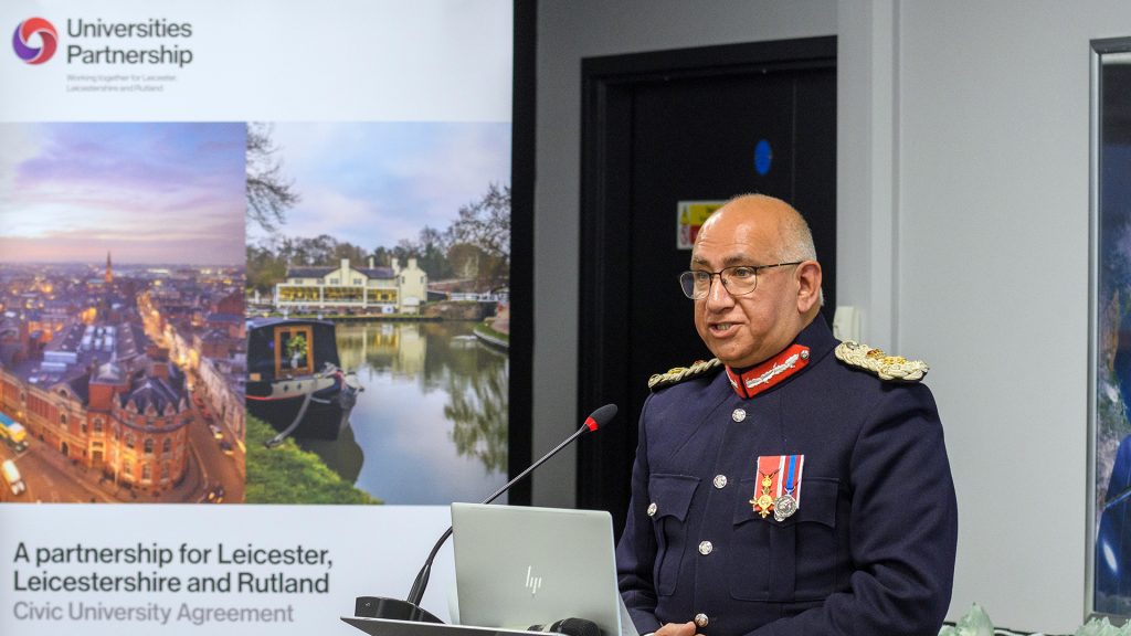 Mike Kapur, Lord Lieutenant of Leicestershire, speaking at the National Space Centre in Leicester